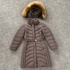 Long Jones New York Taupe Puffer Coat with Faux Fur Trim Hood